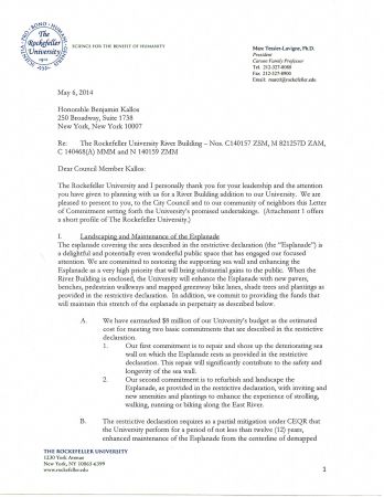 Rockefeller University Commitment Letter to Council Member Ben Kallos